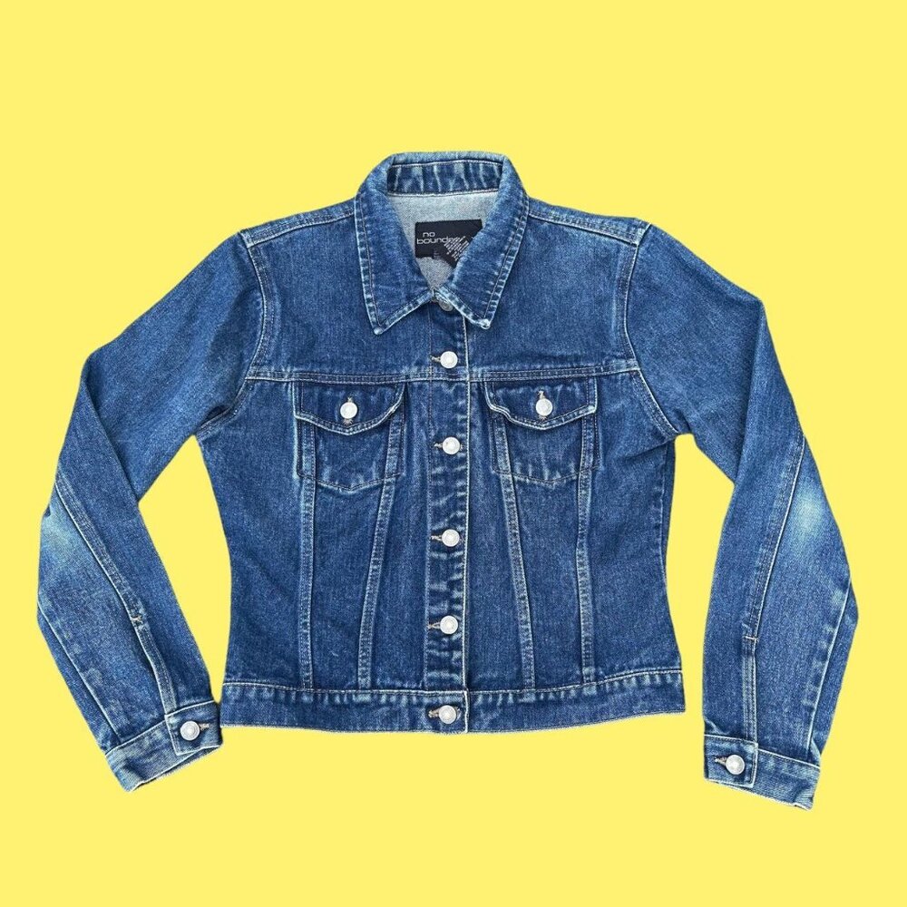 ✨ Vintage No Boundaries Dark Wash Denim Jacket‎ Button Front 100% Cotton Sz M